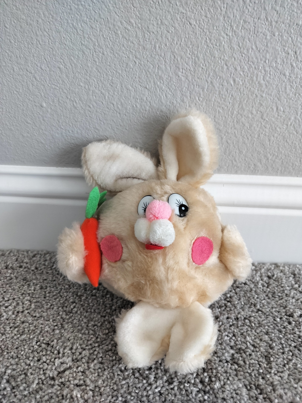 Plush Beige Bunny Stuffed Animal with Pink Accents and Orange Carrot